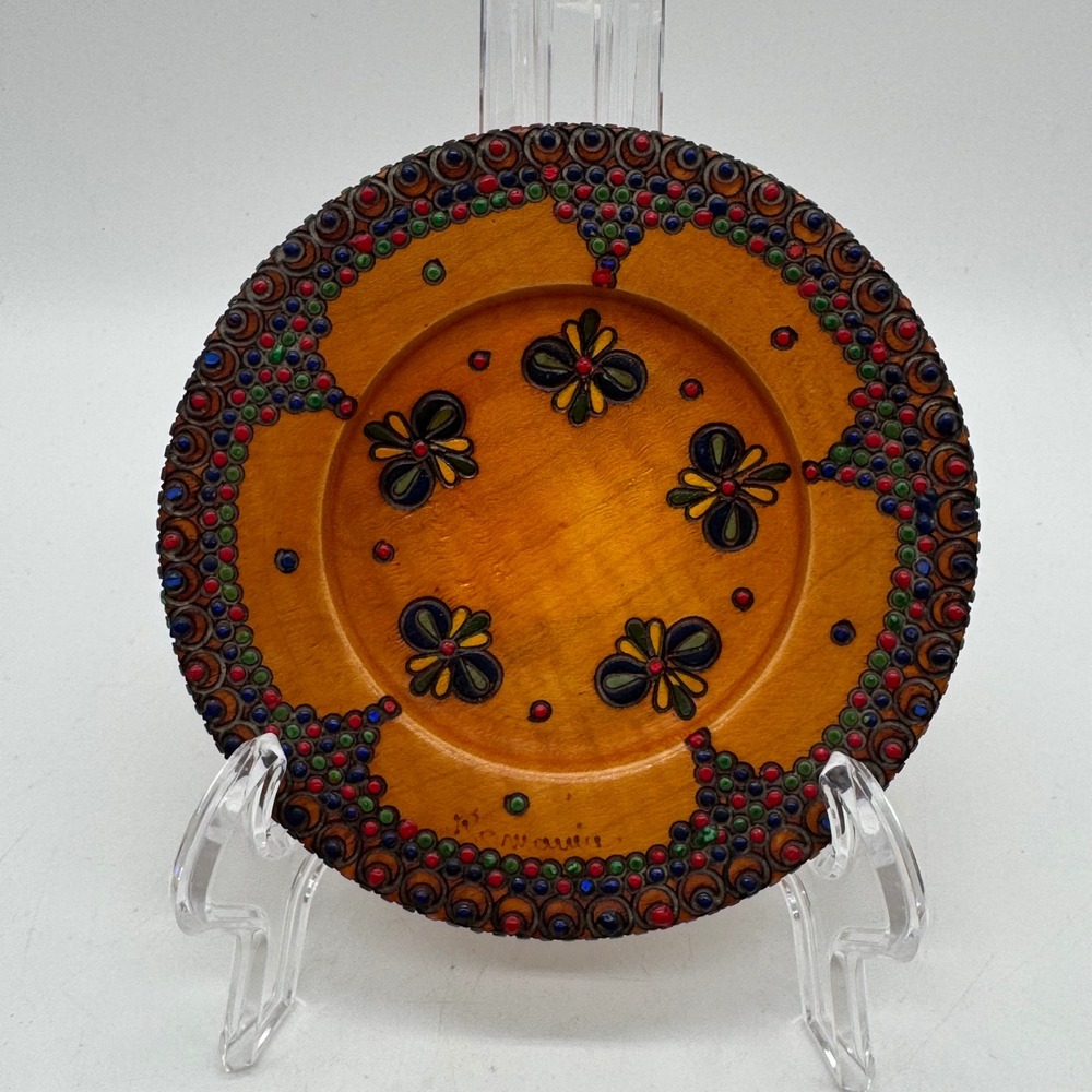 Vintage Romanian Folk Art Wood Plate Hand Painted Romania Agrocoop Arad Carved
